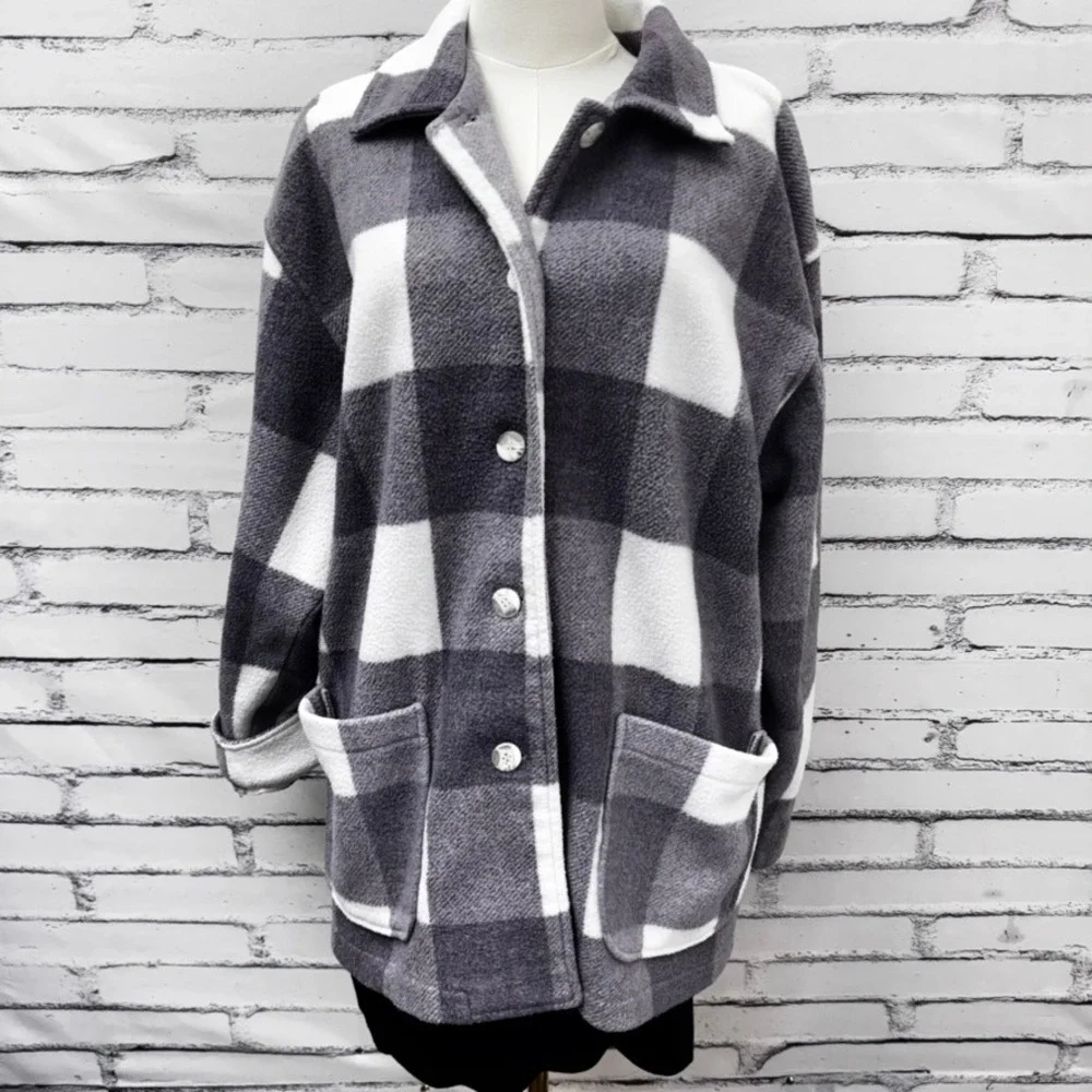 NY 10018 Plaid Fleece Womens M Lavender Purple Buffalo Check Button Jacket